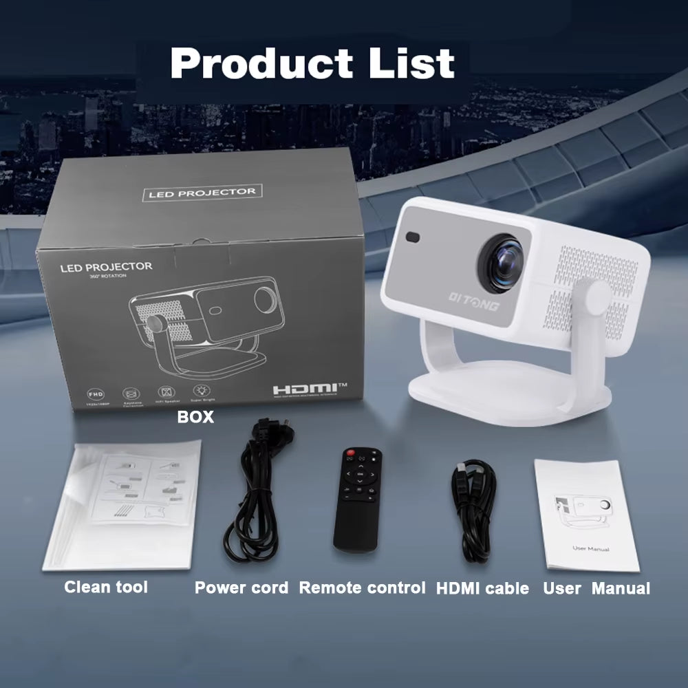 1080P 800ANSI 4K Android 11 360° HD Projector with Auto Keystone Correction Focus Wifi6 BT5.2 Portable Outdoor