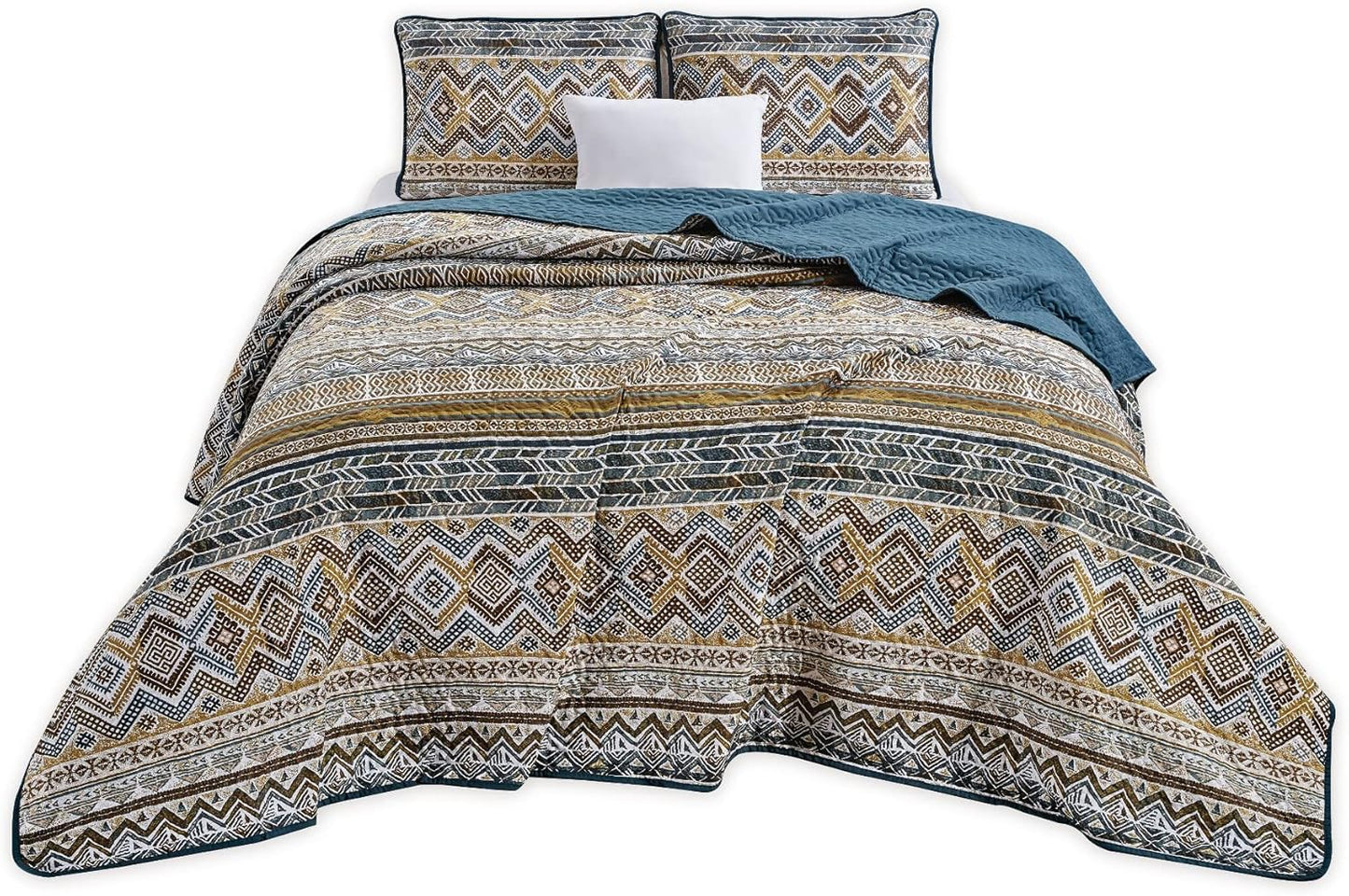 3-Piece Teal Beige Southwestern Tribal Quilt Bedspread Set