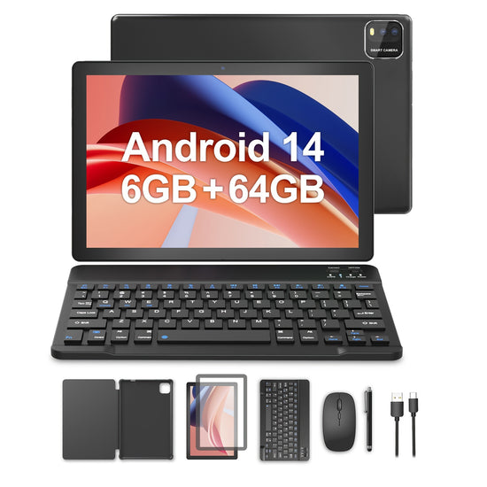 10 Inch Android Tablet 2024 Android 14 Tablet With Protective Case Mouse Pen And Keyboard 5G Dual Wifi6 Tablet QuadCore CPU 2MP8MP Camera 33ExpansionGB RAM64GB ROM 1TB Expansion 6000mAH Battery 1280x800 IPS Screen